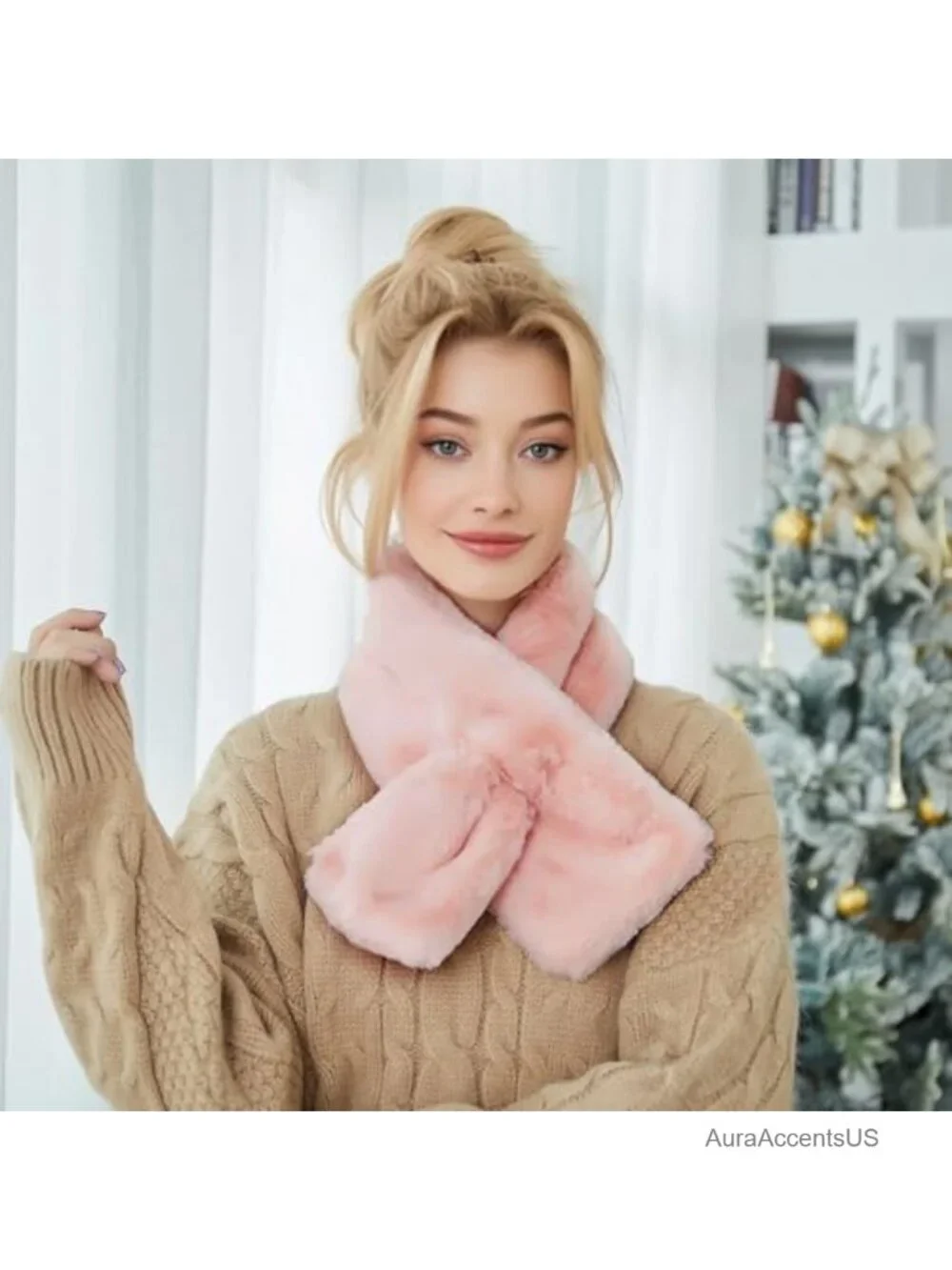 Faux Fur Collar Scarf for Women, Neck Warmer with Loophole Design